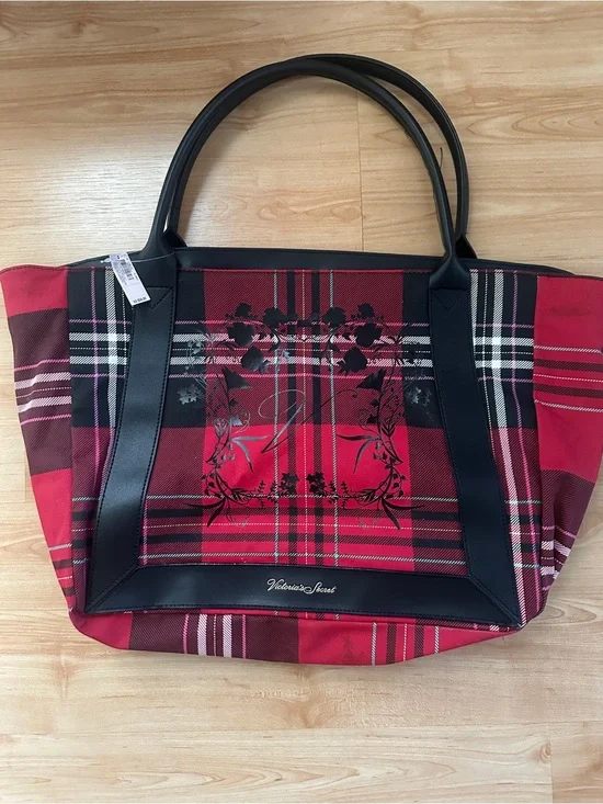 Victoria's Secret Red Plaid Tote with Black Trim