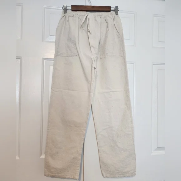 Cream Color Cotton Pockets Faux Zipper Straight Leg  Wome's Pants Size L