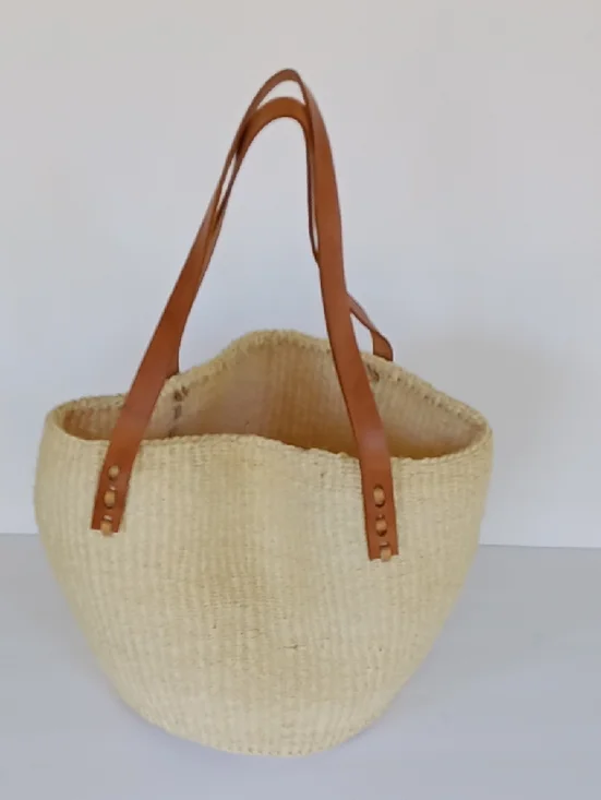 Handwoven Sisal Kenyan Kiondo Market Basket Bag Leather Handles