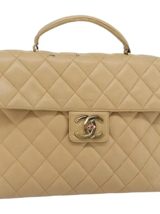 CHANEL Matelasse Business Bag Grained Calf Skin Beige Gold CC Auth bs35346