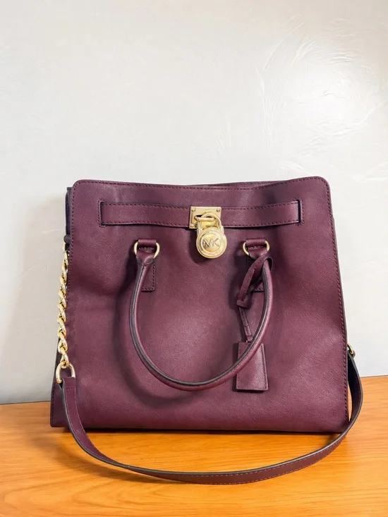 MICHAEL KORS Hamilton Medium East West Satchel Merlot Saffiano Leather Purse Bag