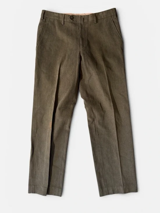 Loro Piana mens 30x28 dark green cotton flat front straight leg trouser pants