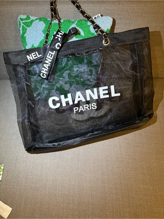 Black Mesh Tote with White Logo and Chain-Strap Accents