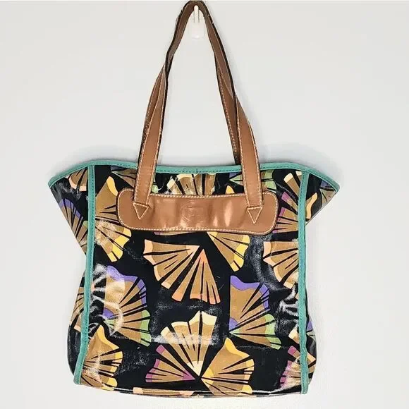 Fossil tote bag purse brown leather handles blue trim