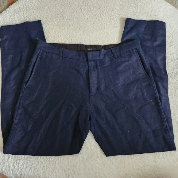 Vince Griffith Slim Fit Linen Cotton Blend Trousers Navy Blue Mens 36 Dress Pant