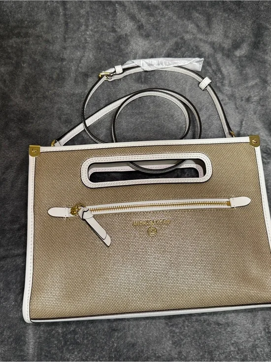 Michael Kors Beige and White Tote with Gold Hardware