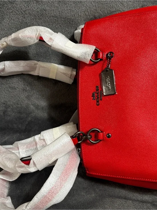 Coach Red Leather Tote with Signature Tag and Gunmetal Hardware