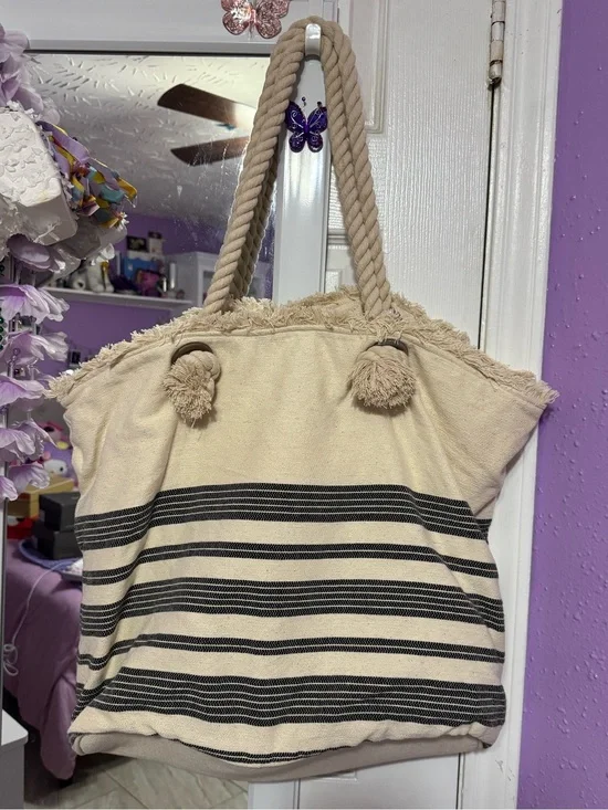 Large Magid Beach Bag Beige with Black stripes