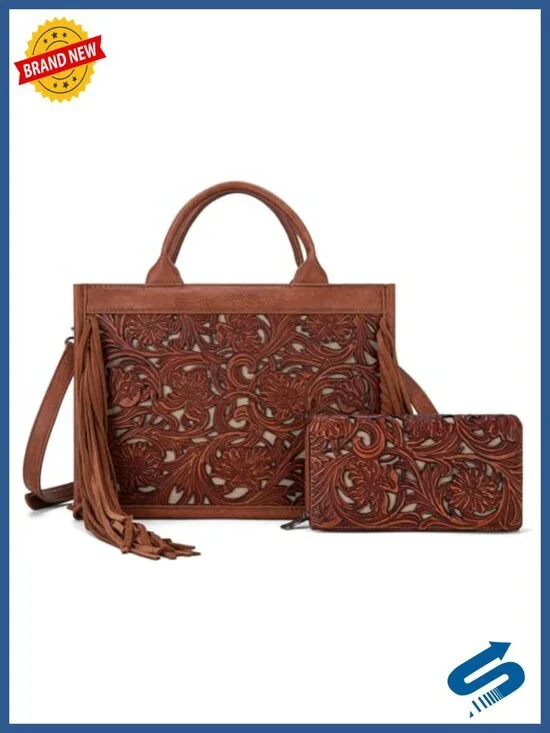 Tooled Leather Floral Fringe Tote with Wallet Set