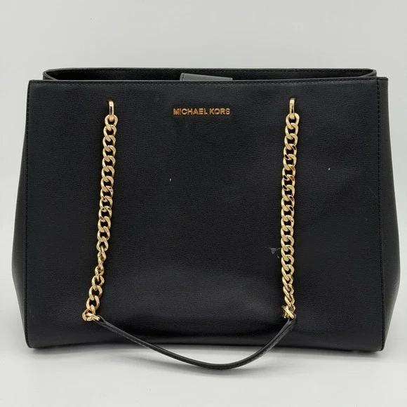 Michael Kors Ellis Large‎ Black Leather Gold Chain Shoulder Tote Bag Purse