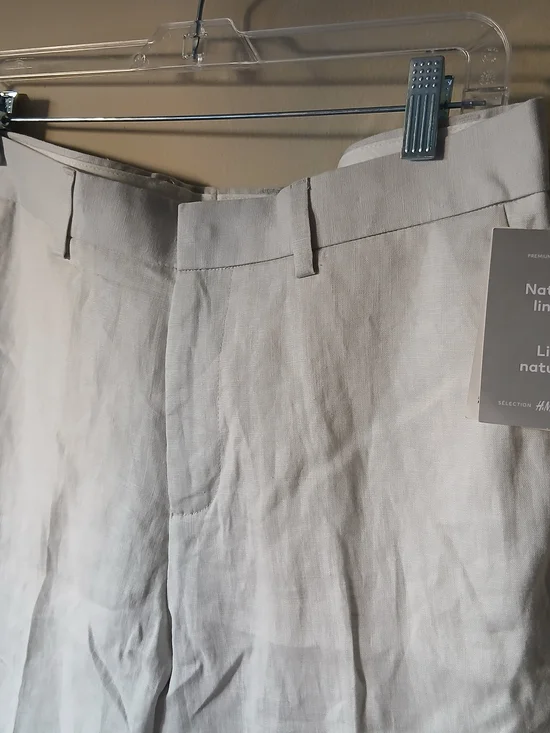H&M Men's Light Beige Linen Flat Front Trouser Pants