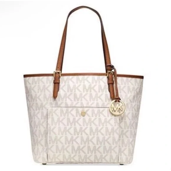 Michael Kors Vanilla MK Signature Logo Jet Set Tote Bag Brown Leather Straps NWT