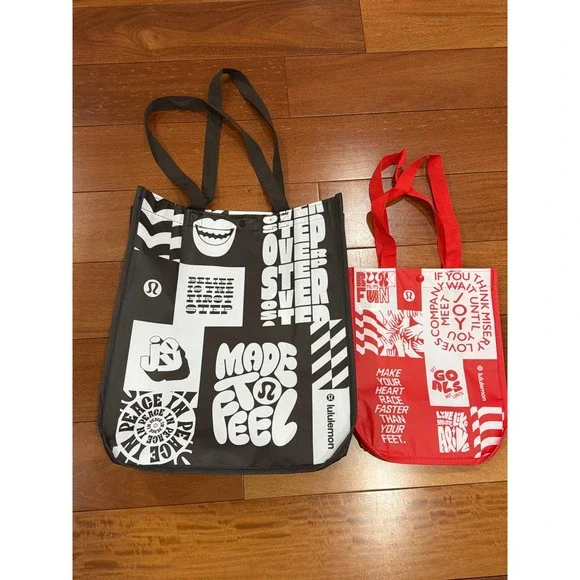 Lululemon Shopping Tote Bags Unisex Red Black Graphic Reusable Set‎ of 2 OS