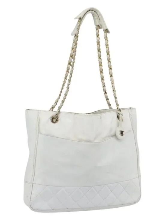 CHANEL Chain Shoulder Bag Leather White Gold CC Auth mr2247