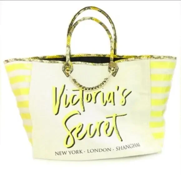 Victoria's Secret Canvas & Yellow Snake Print New York London Shanghai Tote