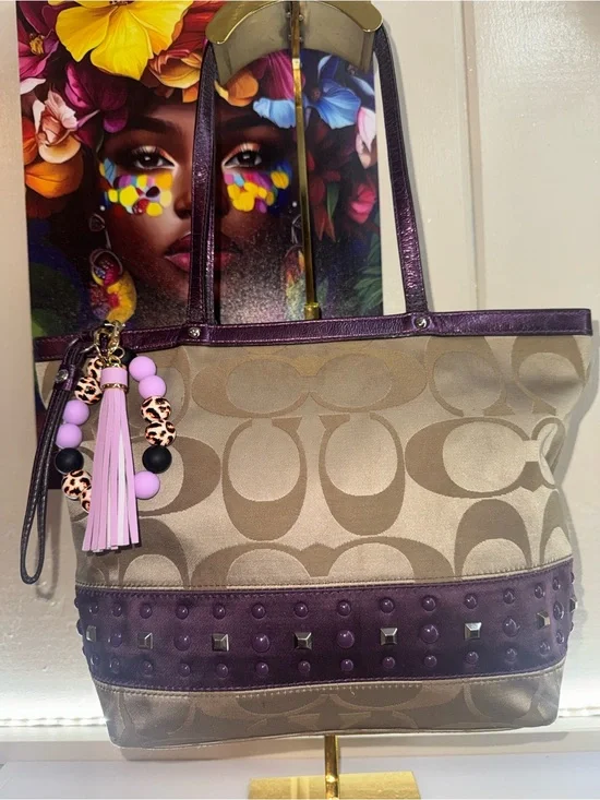 Calling All Purple Lovers Coach Beige Signature Canvas Tote Purple Studded Trim