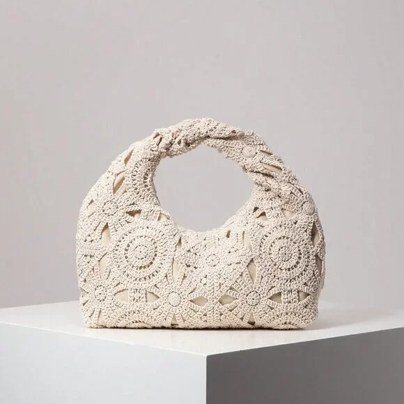 Apricot Boho Women's Hollow Floral Woven Bag