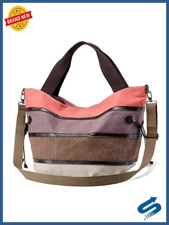Large Canvas Tote Bag with PU Leather Trim, Multi-Color Striped Crossbody Hobo