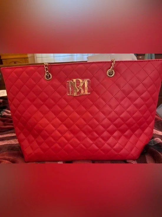Badgley Red Quilted Tote with Gold Chain Handles
