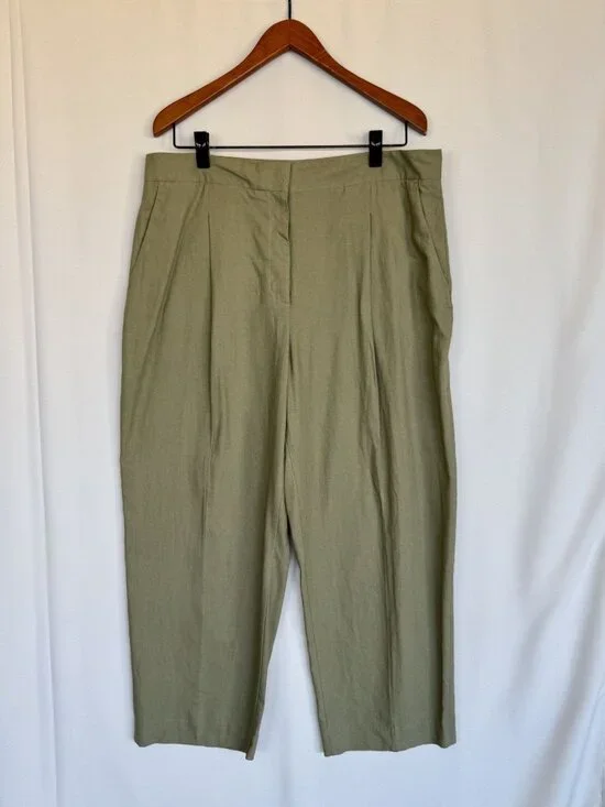Zara Sage Green Linen Blend Pleat Front Barrel Crop Leg Trousers Size XXL NWT