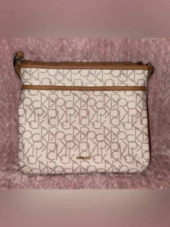 Calvin Klein Cream Logo Tote with Tan Trim