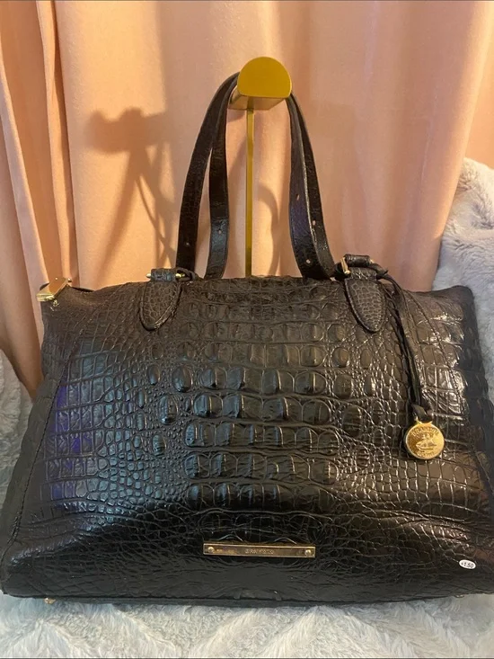 Brahmin Black Croc-Embossed Leather Tote with Gold Accents