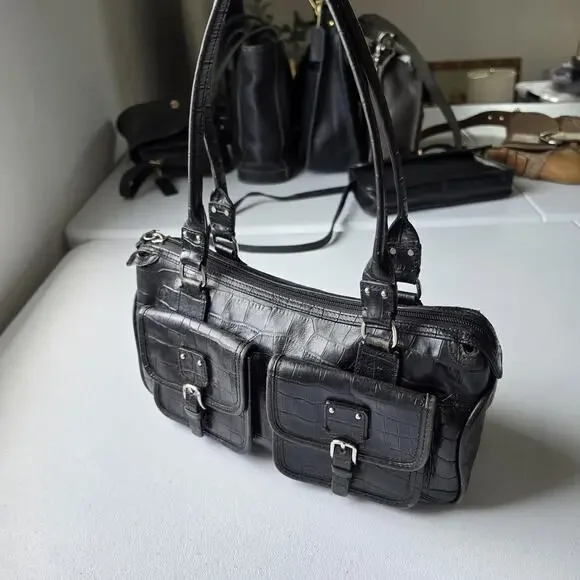 Fossil Shoulder Bag Womens Small Black Croc Embossed Leather Zip Purse Handbag
