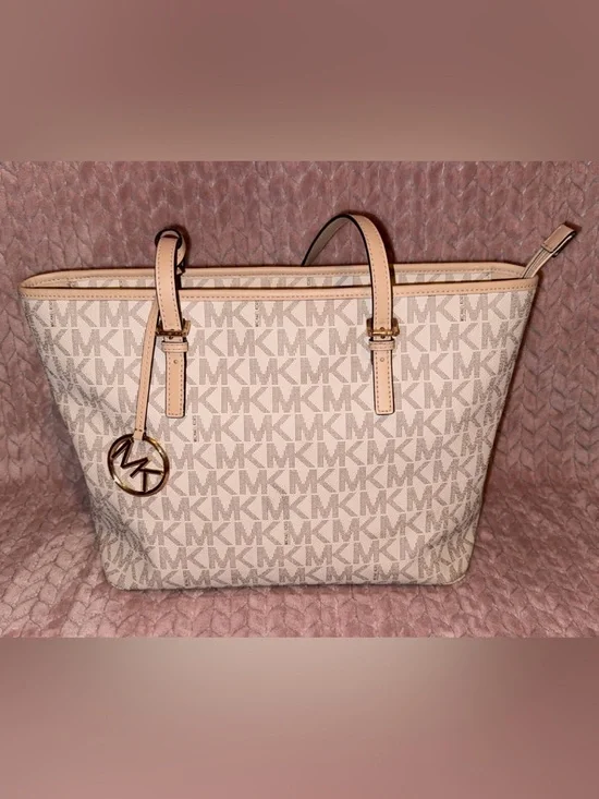 Michael Kors Beige Signature MK Tote with Gold Charm