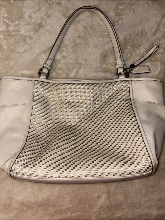White Woven Tote Bag with Gold Accent - Women Bags