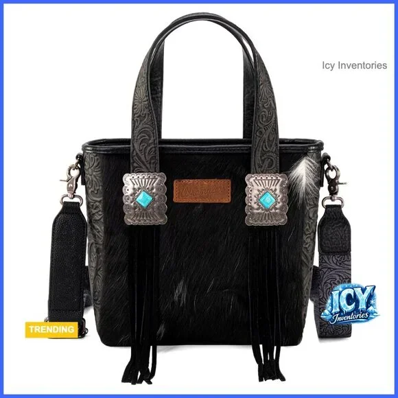 Genuine Hair-On Cowhide Tote Bag with Turquoise Stone Concho