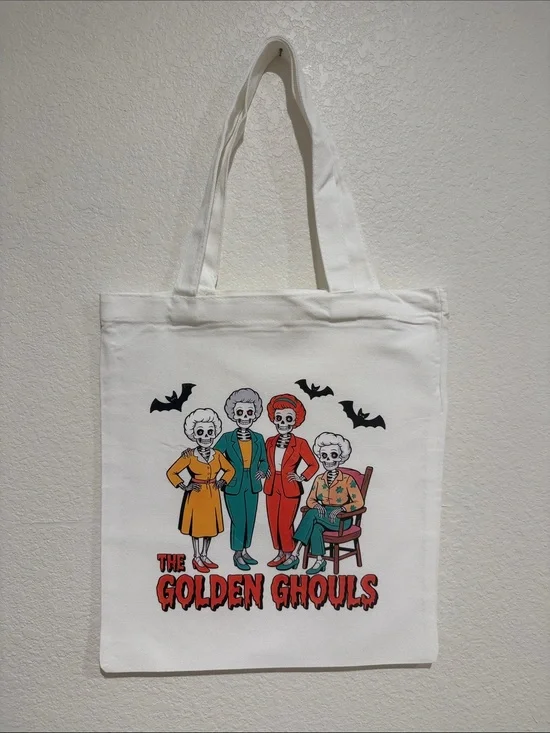 Halloween White Canvas Tote Bag with 'The Golden Ghouls' Graphic Hand crafted
