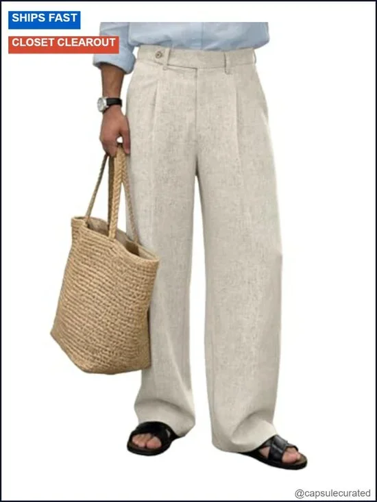 Linen Blend Pleated Wide Leg Dress Pants with Elastic Waistband