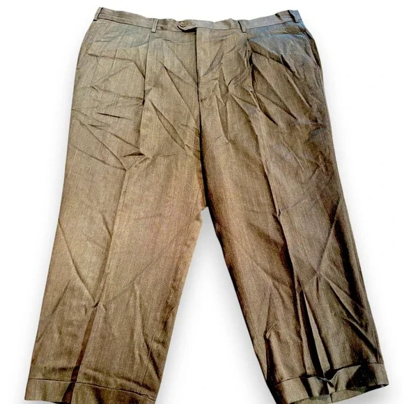 Members Mark Mens 44x24 Brown Super 130s Wool Pleated Cuffed Dress Pants‎ Italy