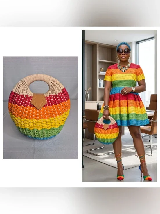Rainbow Woven Round Tote Bag with Tan Accent NWT