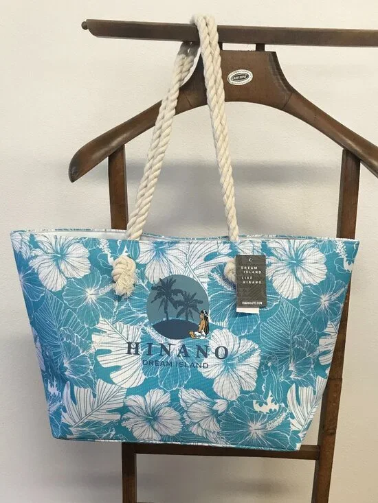 NWT Hinano Tahiti Blue Tropical Floral Beach Tote Bag Rope Handles Magnetic Snap