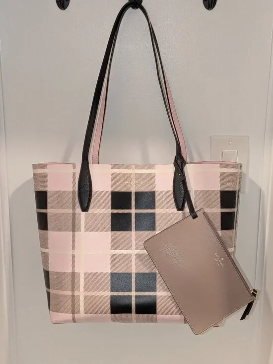 Kate Spade Arch Woodland Plaid Large Reversible Tote + Detachable Wristlet EUC