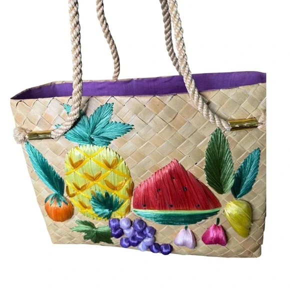 60s Raffia 3d Fruit Embroidered Tote Bag