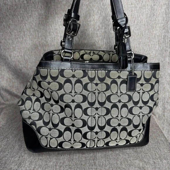 Vintage Coach Signature Jacquard Leather Tote Bag Black Grey Monogram J04M-7052