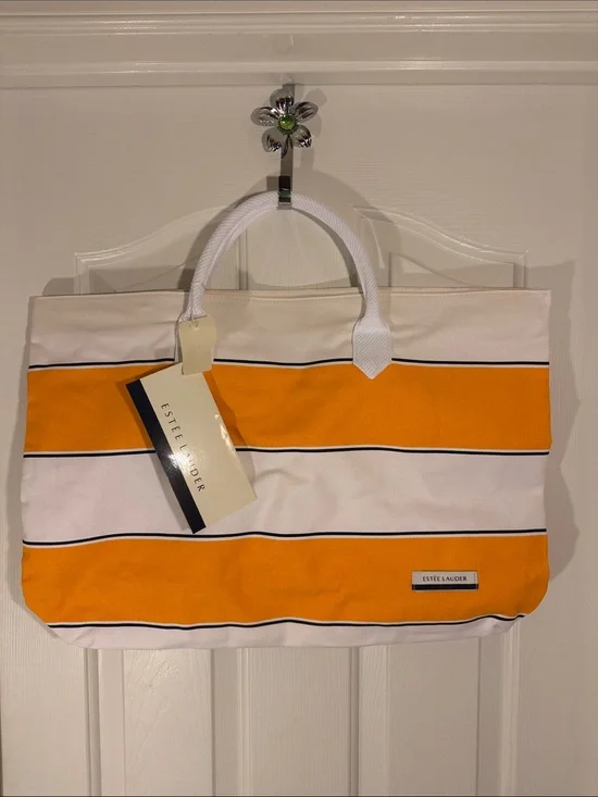 Estee Lauder Orange and White Striped Canvas Tote