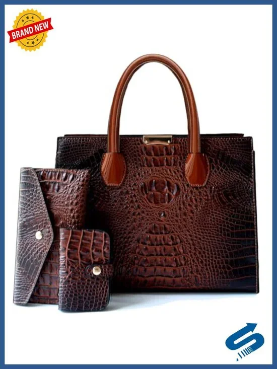 Faux Leather Patent Satchel Crocodile Pattern Tote Handbag Set with Wallet &