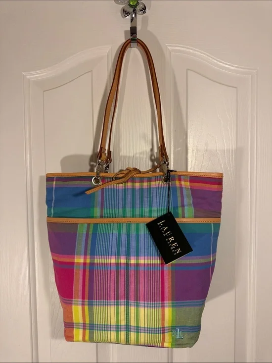 Lauren Ralph Lauren Madras Preppy Plaid Tote with Tan Leather Handles NWT