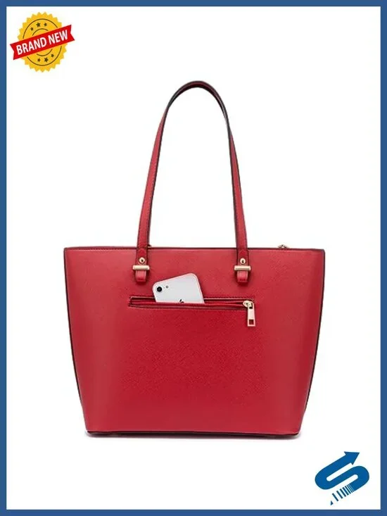 Faux Leather Tote Bag with External Zipper Pocket Satchel Purse