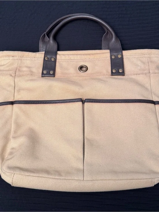 Levenger Canvas Tan and Brown Purse Tote Bag 12” x 16” Zipper Pocket inside