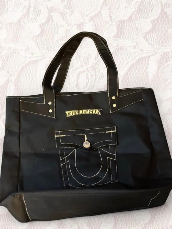 True Religion Black Tote with Yellow Contrast Stitching and Gold Logo