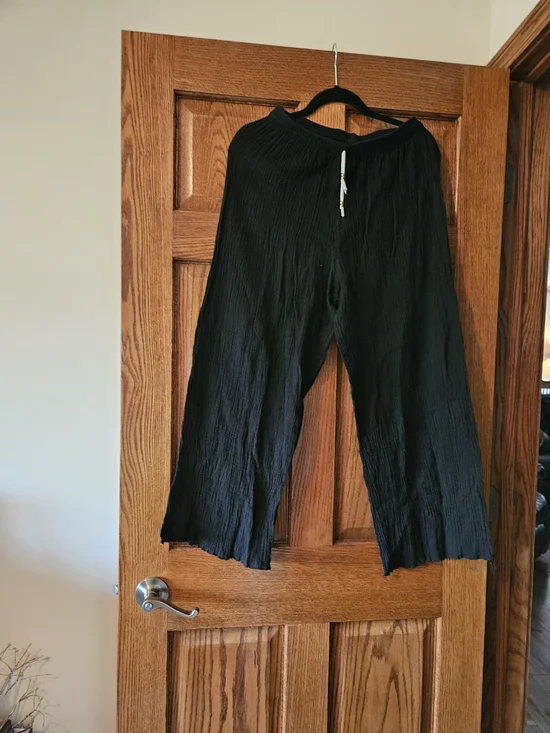 Black Crinkle Wide-Leg Pants