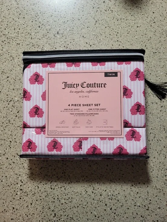 Juicy Couture 4-Pc Twin Size Bedsheet Set Roses Hearts JC Monogram Striped Y2K