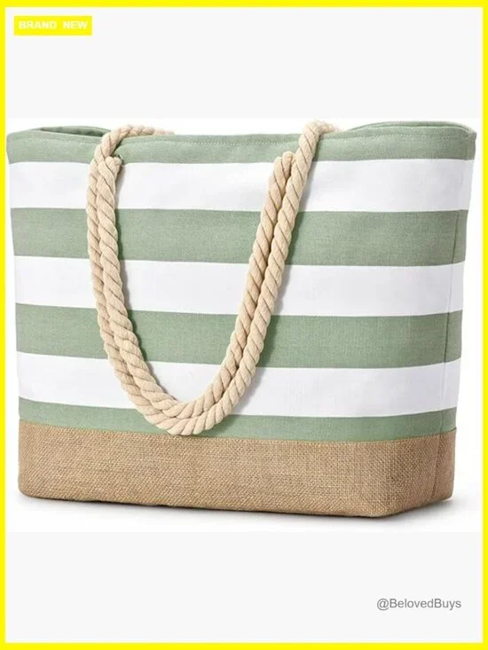 Large Canvas Beach Tote Bag Waterproof Sandproof Swim Pool Travel Essentials