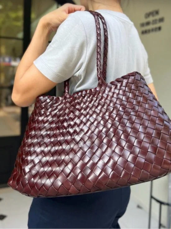 Woven Leather Tote Bag - Dark Brown