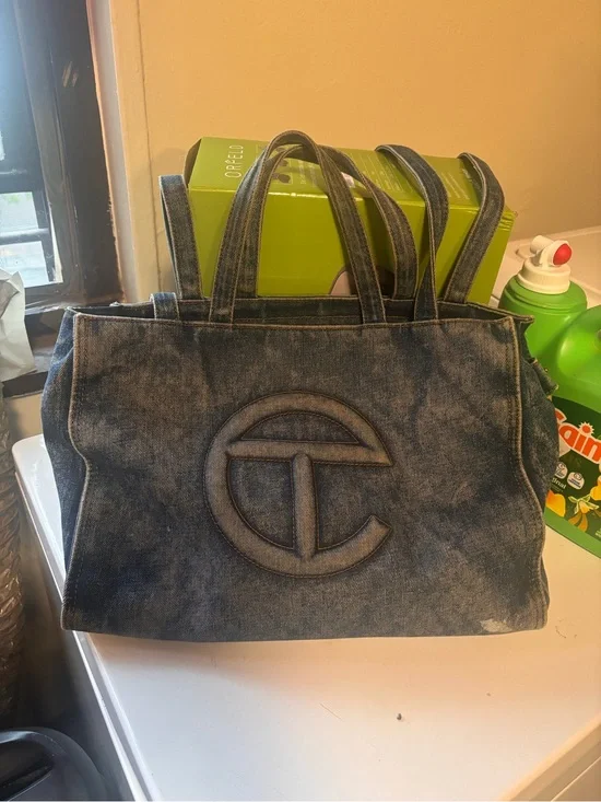 Telfar Washed Blue Denim Tote with Raised Logo