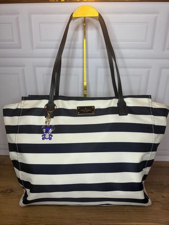 Kate Spade New York Navy & White Striped Nylon Zip Tote Large Shoulder Bag